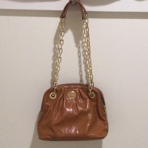 Tory Burch brown leather handbag with gold chain handle